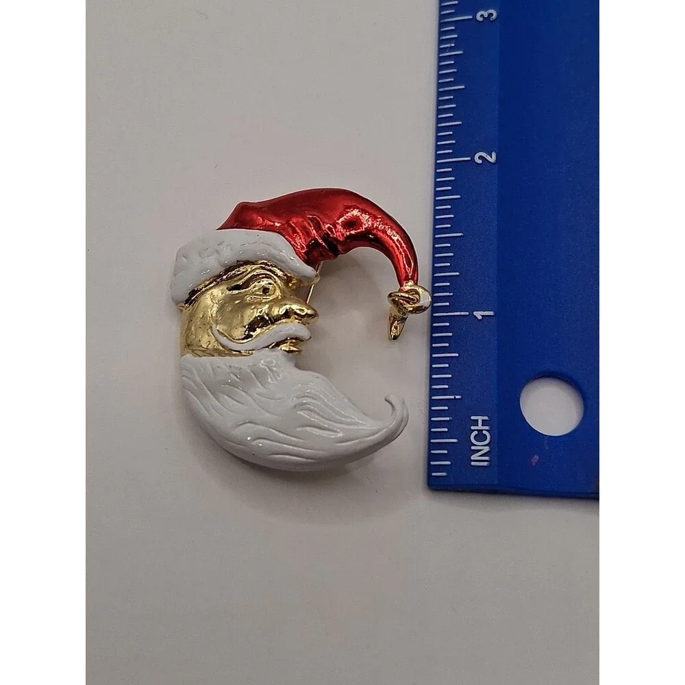Vintage Crescent Moon Santa Claus Brooch Pendant‎ Gold Tone Metal Enamel 2
